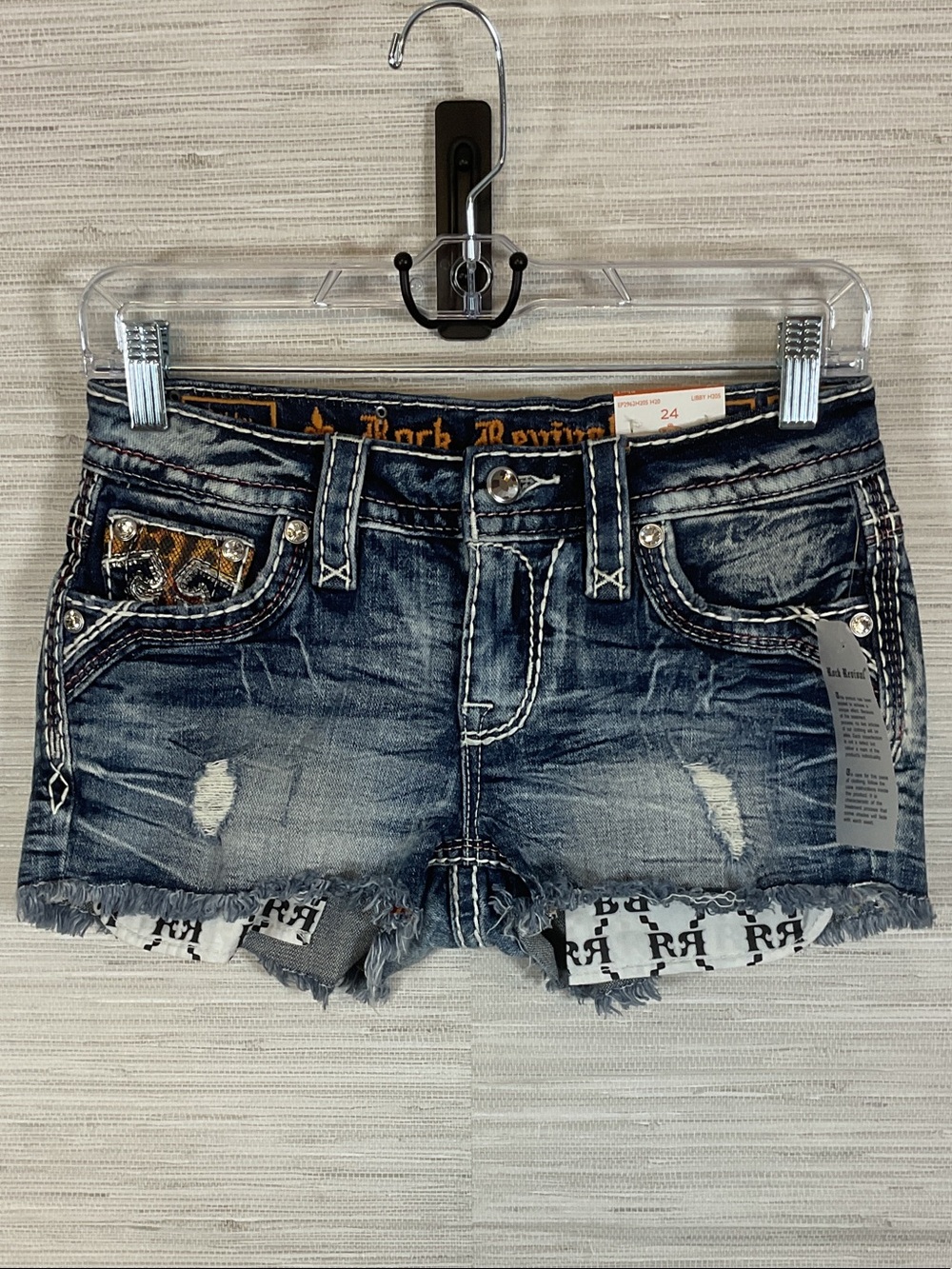 Rock Revival Libby Low Rise Distressed Embellished Jean Shorts Bling  H205 NWT